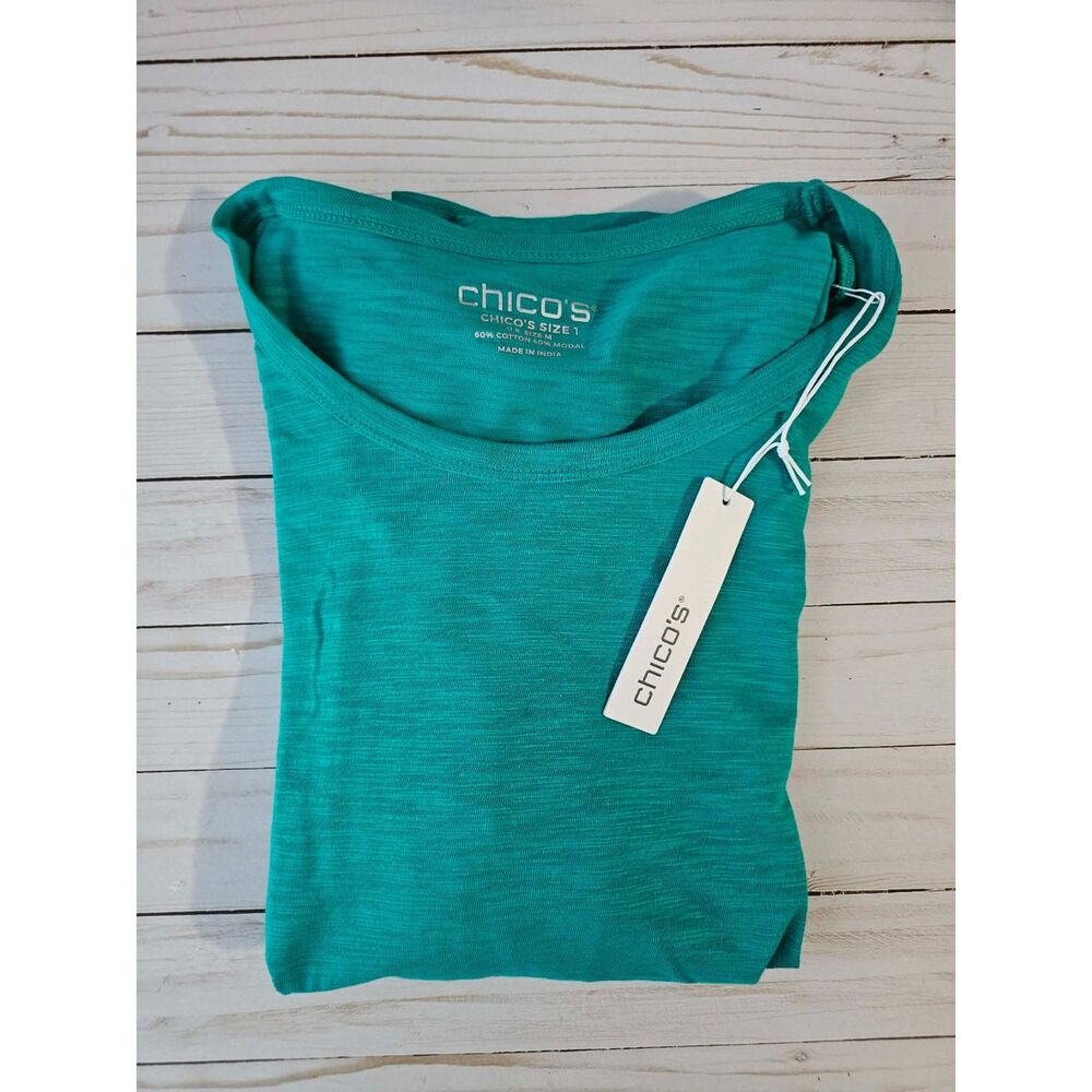 NWT Chico’s Size 1 M Teal Turquoise Textured Top Gathered Sleeve Cotton Modal
